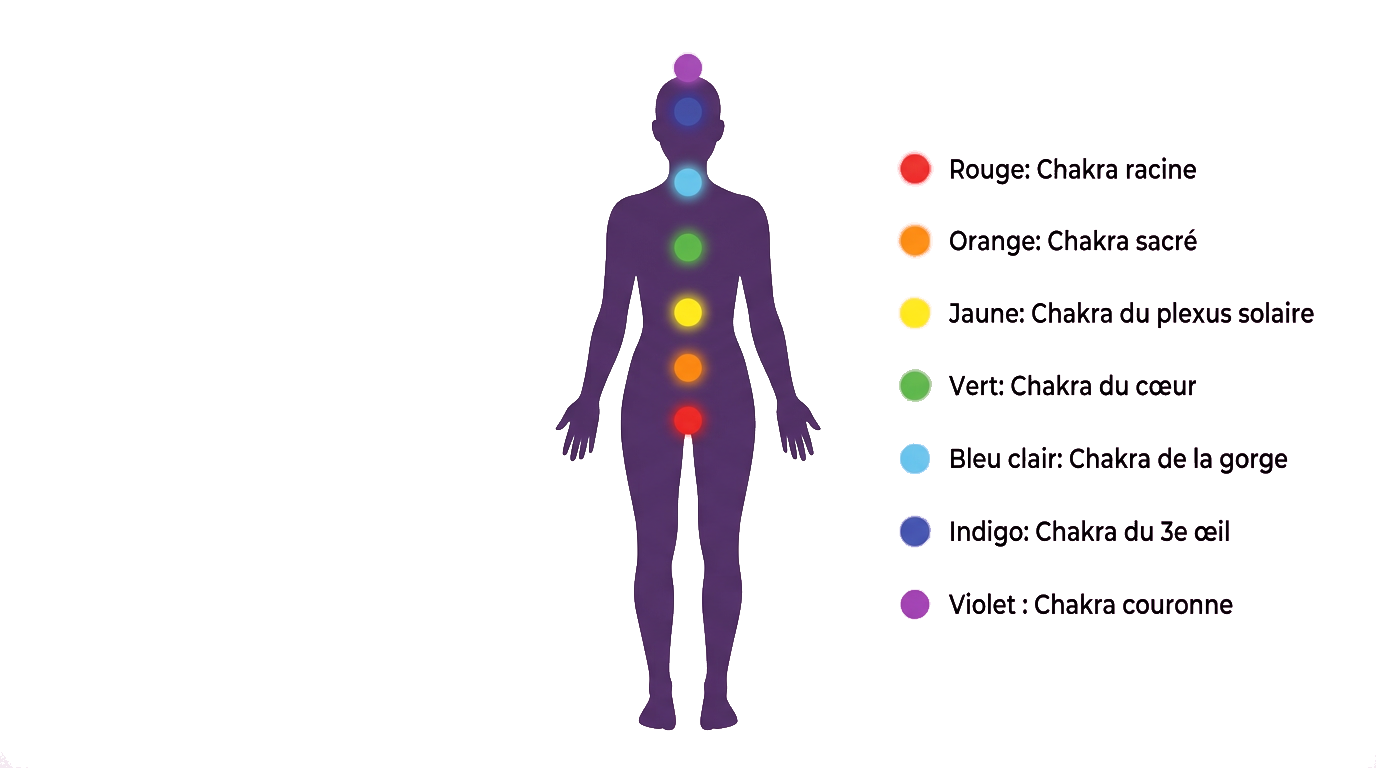 Illustration des 7 chakras sur une silhouette debout avec légende des couleurs